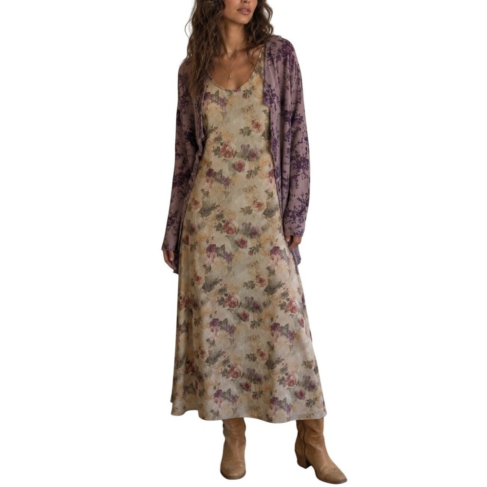 Vintage 90s Earthy Whimsy Artsy Cottage Dark Floral Crinkle Textured Maxi Dress